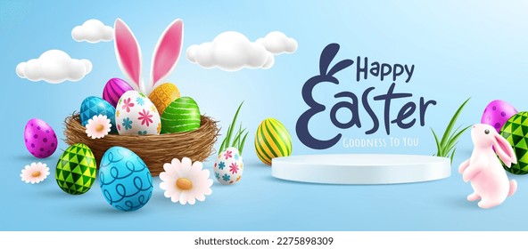 Easter poster banner template and Cute Bunny Easter eggs in the nest   white podium blue background Greetings   presents for Easter Day Promotion   shopping template for Easter