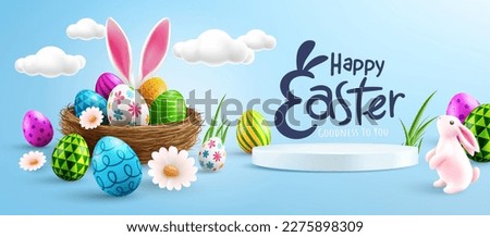 Easter poster or banner template with Cute Bunny,Easter eggs in the nest and white podium on blue background.Greetings and presents for Easter Day.Promotion and shopping template for Easter