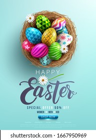 Easter poster and banner template with Easter eggs in the nest on light green background.Greetings and presents for Easter Day in flat lay styling.Promotion and shopping template for Easter