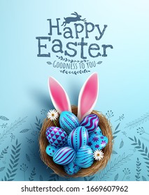 Easter poster and banner template with Easter eggs in the nest on light blue background.Greetings and presents for Easter Day in flat lay styling.Promotion and shopping template for Easter