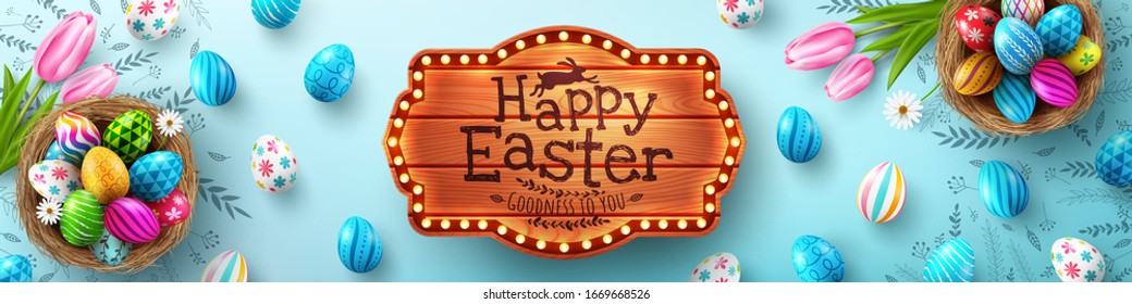 Easter poster   banner template and Easter eggs in the nest light blue background Greetings   presents for Easter Day in flat lay styling Promotion   shopping template for Easter