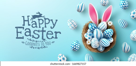Easter poster   banner template and Easter eggs in the nest light blue background Greetings   presents for Easter Day in flat lay styling Promotion   shopping template for Easter