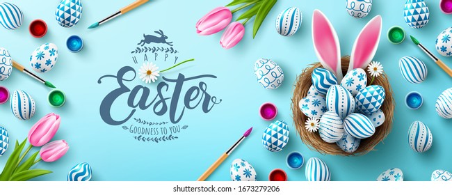 Easter poster and banner template with Easter eggs in the nest on light green background.Greetings and presents for Easter Day in flat lay styling.Promotion and shopping template for Easter