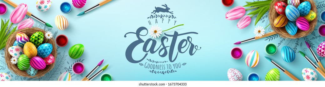 Easter poster and banner template with Easter eggs in the nest on light green background.Greetings and presents for Easter Day in flat lay styling.Promotion and shopping template for Easter