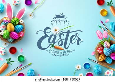 Easter poster and banner template with Easter eggs in the nest on light green background.Greetings and presents for Easter Day in flat lay styling.Promotion and shopping template for Easter