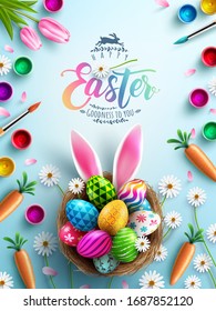 Easter poster and banner template with Easter eggs in the nest on light blue background.Greetings and presents for Easter Day in flat lay styling.Promotion and shopping template for Easter