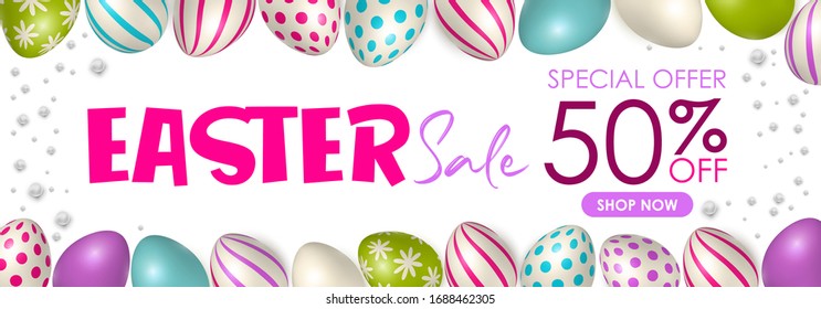 Easter poster and banner template with Easter eggs. 