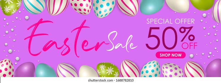 Easter poster and banner template with Easter eggs. Congratulations and gifts on the day of the Passover in a reclining style.Promotion and trading template for Easter