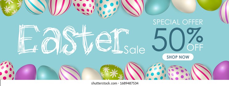 Easter poster and banner template with Easter eggs. Congratulations and gifts on the day of the Passover in a reclining style. Promotion and trading template for Easter