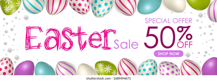 Osterplakat und Bannervorlage mit Ostereiern. Herzlichen Glückwunsch und Geschenke am Tag des Pessach in einem erholsamen Stil. Promotion and trading Template for Oaster