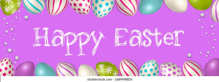 Easter poster and banner template with Easter eggs. Congratulations and gifts on the day of the Passover in a reclining style. Promotion and trading template for Easter