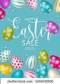 Easter poster and banner template with Easter eggs. Congratulations and gifts on the day of the Passover in a reclining style. Promotion and trading template for Easter