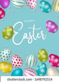 Easter poster and banner template with Easter eggs. Congratulations and gifts on the day of the Passover in a reclining style. Promotion and trading template for Easter