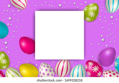 Afiche de Pascua y pancarta con huevos de Pascua. Felicitaciones y regalos en el día de la Pascua en un estilo reclinado. Plantilla de promoción y comercio para Semana Santa