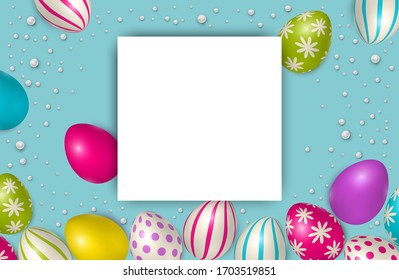 Afiche de Pascua y pancarta con huevos de Pascua. Felicitaciones y regalos en el día de la Pascua en un estilo reclinado. Plantilla de promoción y comercio para Semana Santa