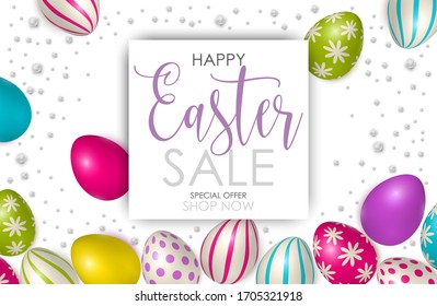Easter poster and banner template with Easter eggs. Congratulations and gifts on the day of the Passover in a reclining style. Promotion and trading template for Easter