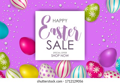 Easter poster and banner template with Easter eggs. Congratulations and gifts on the day of the Passover in a reclining style. Promotion and trading template for Easter