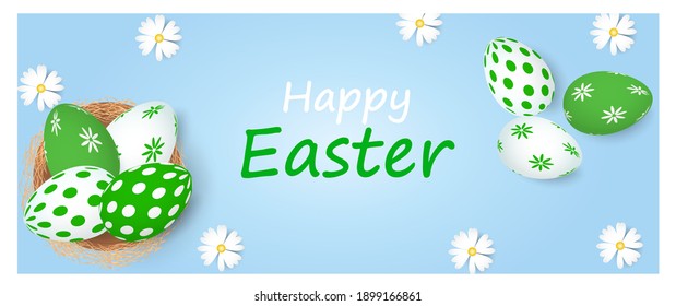 Easter poster and banner template with Easter eggs in a nest and daisies on a light blue background. Vector illustration. Trendy design greeting card or invitation template