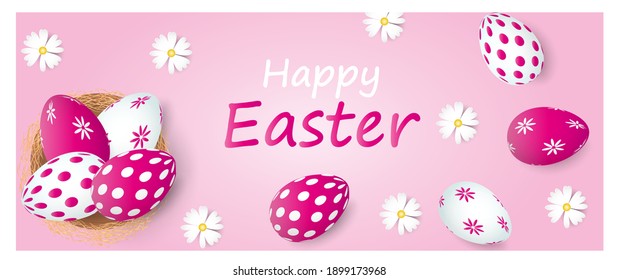 Easter poster and banner template with Easter eggs in a nest and daisies on a light pink background. Vector illustration. Trendy design greeting card or invitation template