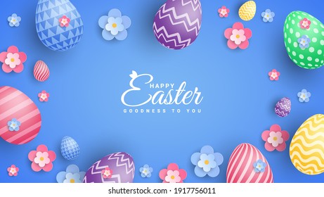 Easter poster and banner template with Easter eggs on blue background. Greetings and presents for Easter Day in flat lay styling.Promotion and shopping template for Easter