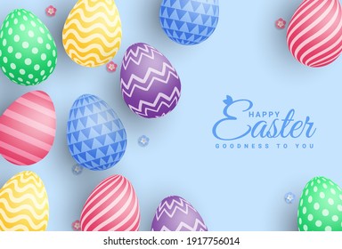 Easter poster and banner template with Easter eggs on light blue background. Greetings and presents for Easter Day in flat lay styling.Promotion and shopping template for Easter