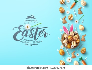 Easter poster and banner template with Easter eggs in the nest with bunny ear on light blue background.Greetings and presents for Easter Day.Promotion and shopping template for Easter