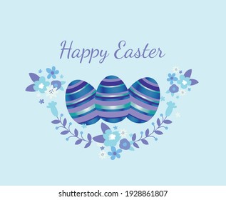 Easter poster and banner template with Easter eggs in the flower on light blue background with blue, white and violet flowers. Promotion and shopping template for Easter