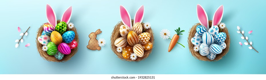 Easter poster and banner template with Easter eggs and Rabbit ears in the nest on blue background.Greetings and presents for Easter Day in flat lay styling.Promotion and shopping template for Easter