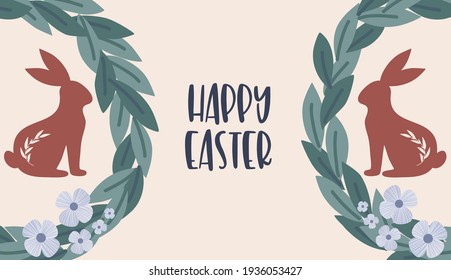 Easter poster and banner template with Easter eggs. Boho Easter concept design, bunnies, eggs, flowers