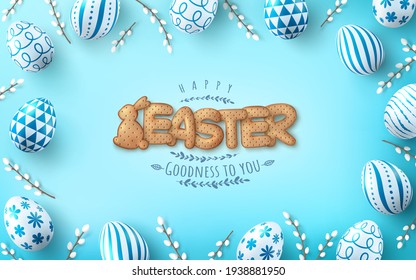 Easter poster and banner template with Easter eggs and Cute bunny and letters Biscuit on light green background.Greetings and presents for Easter Day in flat lay styling.Banner template for Easter day