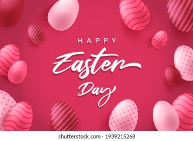 Afiche de Pascua y plantilla de banner con huevos de Pascua en el hermoso fondo. Saludos y regalos para el Día de Pascua con un impresionante estilo 3D.Promoción y plantilla de compras para Pascua.  Vector abstracto 