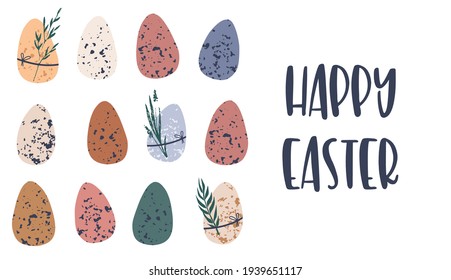 Afiche de Pascua y plantilla de pancartas con huevos de Pascua. Diseño conceptual Boho Easter, conejillos, huevos, flores
