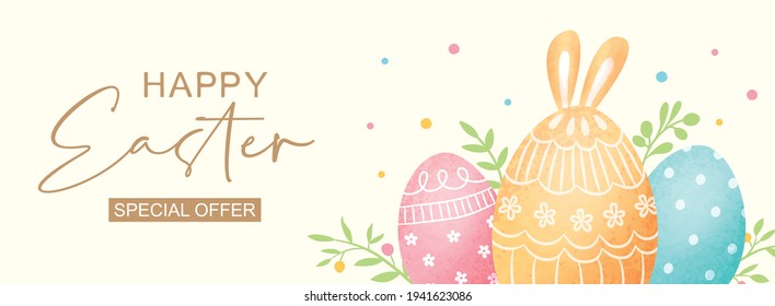Easter poster and banner template with Easter eggs on light yellow background.