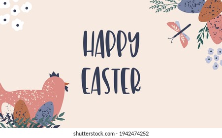 Afiche de Pascua y plantilla de pancartas con huevos de Pascua. Diseño conceptual Boho Easter, conejillos, huevos, flores