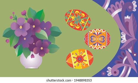 Easter poster and banner template with Easter eggs and flowers in a pot on a light green background. ornament. Congratulations and gifts for Easter .