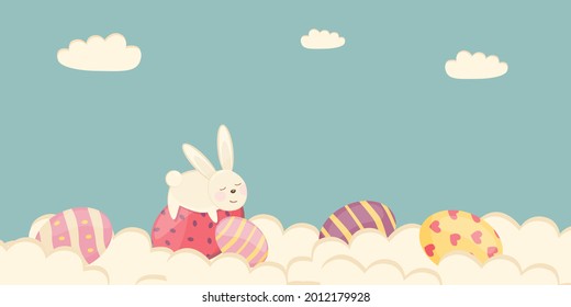 Easter poster and banner template with Easter eggs in the clouds on a pastel background.