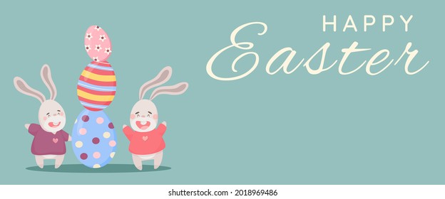 Easter poster and banner template with Easter eggs and bunnies on pastel background. Vector design for postcard, packaging. Copy space
