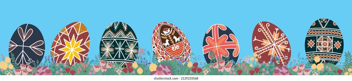 Easter poster and banner template with Easter eggs. Ukrainian Easter eggs.Greetings and presents for Easter Day in flat lay styling.Promotion and shopping template. Ukraine.