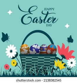 Easter poster and banner template with Easter eggs in the nest on light green background.Greetings and presents for Easter Day in flat lay styling.Promotion and shopping template for Easter