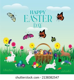 Easter poster and banner template with Easter eggs in the nest on light green background.Greetings and presents for Easter Day in flat lay styling.Promotion and shopping template for Easter