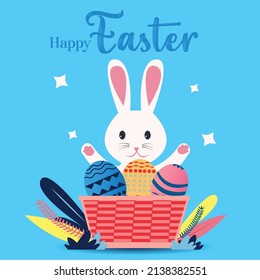 Easter poster and banner template with Easter eggs in the nest on light green background.Greetings and presents for Easter Day in flat lay styling.Promotion and shopping template for Easter