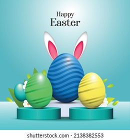 Easter poster and banner template with Easter eggs in the nest on light green background.Greetings and presents for Easter Day in flat lay styling.Promotion and shopping template for Easter