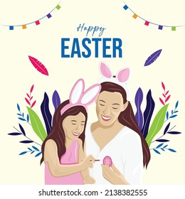 Easter poster and banner template with Easter eggs in the nest on light green background.Greetings and presents for Easter Day in flat lay styling.Promotion and shopping template for Easter