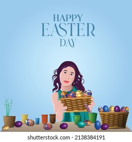 Easter poster and banner template with Easter eggs in the nest on light green background.Greetings and presents for Easter Day in flat lay styling.Promotion and shopping template for Easter