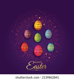 Easter poster and banner template of Easter eggs with mandala background. Greetings and presents for Easter Day in flat lay styling. festival concept vector