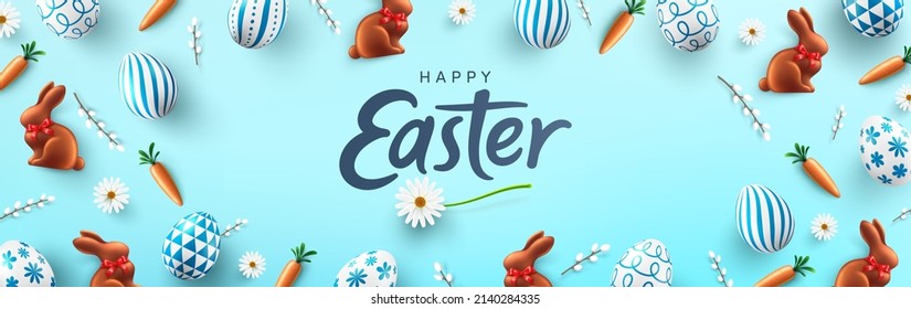 Easter poster and banner template with Easter eggs and rabbit on light blue background. Greetings and presents for Easter Day in flat lay styling.Promotion and shopping template for Easter