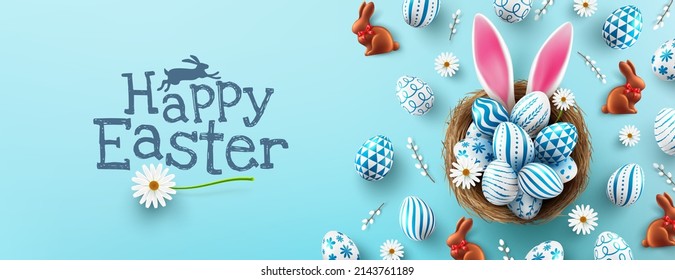 Afiche de Pascua y plantilla de banner con huevos de Pascua en el nido sobre fondo azul claro.Saludos y regalos para el Día de Pascua con estilo de planta.Promoción y plantilla de compras para Pascua