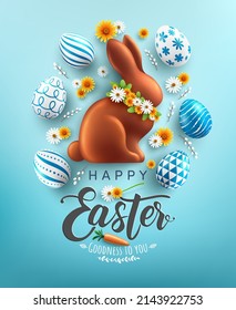 Afiche de Pascua y plantilla de pancartas con huevos de Pascua y conejito lindo. Saludos y regalos para el Día de Pascua en estilo de laya plana.Promoción y plantilla de compras para Pascua