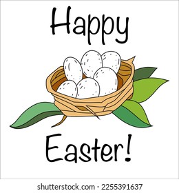 Easter poster and banner template with Easter eggs in the nest on white background.Greetings and presents for Easter Day in flat lay styling.