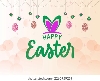Easter poster and banner template with Easter eggs in the nest on light green background. Greetings and presents for Easter Day in flat lay styling. Promotion and shopping template for Easter.